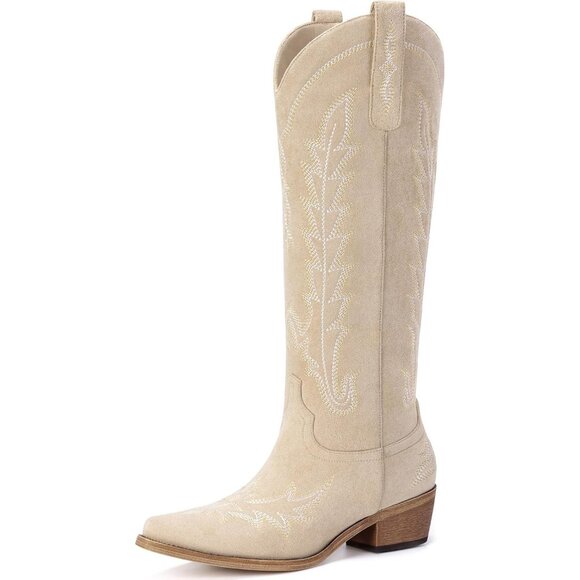 ⚡ Women Beige Suede Polyurethane Knee High Pointed Toe Chunky Heel Cowgirl Boots - Picture 1 of 4
